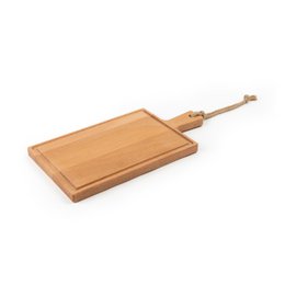 Wooden cutting board with handle, 38 x 20 cm, suitable for cheese, charcuterie, and other food preparation. Made of durable wood material.