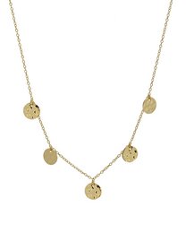 A delicate gold or silver necklace with multiple hammered disc charms, perfect for adding a touch of minimalist style to any outfit.