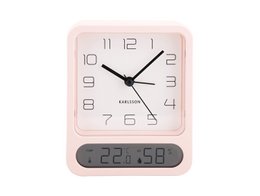 A pink square alarm clock with a digital display and analog clock face.