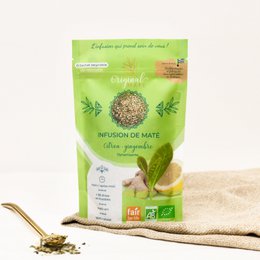 Organic Lemon Ginger Maté - Ready to sell or BULK. This tea blend contains lemon, ginger, and maté, with a natural green and brown color. It is available in 70g and 1 kg sizes for resale.