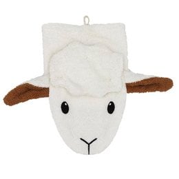 Large, soft, and fluffy white washcloth in the shape of a sheep with brown accents. Ideal for gentle cleansing and exfoliation.