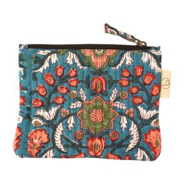  Printed cotton pouch with floral pattern in shades of teal and red. Compact size suitable for coins, cards, or small items. Durable zipper closure.