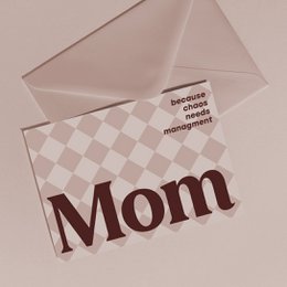  "Mother's Day card with 'Mom' text, beige and burgundy colors, checkered pattern design, greeting card"