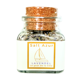  Lavender salt in a glass jar with cork lid. The salt contains lavender flowers and has a light purple color. The product is labeled "Salt Azur Lavender" indicating the lavender flavor.