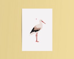 Card with stork illustration, congratulating on a new baby. Available with or without envelope, in Dutch or English text.