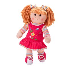 A 42 cm tall doll with orange yarn hair, wearing a red dress with a flower pattern. The doll has a friendly, smiling expression.