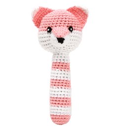 A soft, crocheted baby rattle in the shape of a cute pink fox with a striped body. This peach-colored rattle is perfect for soothing and entertaining young infants.