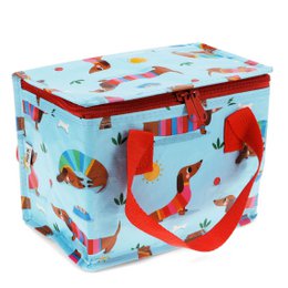  Insulated lunch bag with a sausage dog design in blue, red, and white colors. The bag is suitable for kids and features a rectangular shape with a zipper closure and a carrying handle.