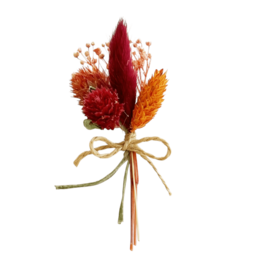  A bouquet of dried flowers in shades of red, orange, and yellow, tied together with a golden string. The bouquet includes feathery pampas grass, fluffy cotton-like flowers, and other dried floral elements.