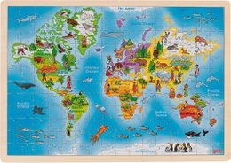 A colorful, illustrated world map featuring various landmarks, animals, and cultural elements from different regions. The map showcases the diversity of the world in a whimsical and engaging manner.