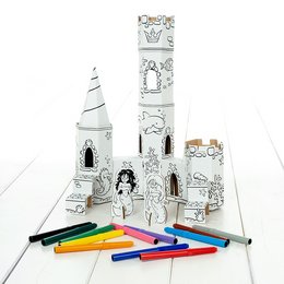 Colorful, whimsical underwater castle craft set with coloring pencils. Includes castle-shaped pieces to assemble and decorate with illustrations of sea creatures, mermaids, and other underwater themes.