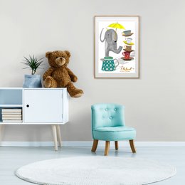 Poster featuring a whimsical illustration of an elephant in a china shop, carrying an umbrella and surrounded by various porcelain items. The poster has a playful and colorful style, suitable for decorating a child's room or nursery.