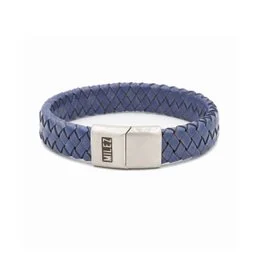 A stylish blue leather men's bracelet with a woven design and a metal clasp closure. Available in sizes S, M, L, and XL.