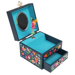 Colorful musical jewelry box with fairy figurine, floral design, and storage compartment.