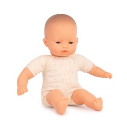 32cm Asian baby doll with soft body and neutral expression.