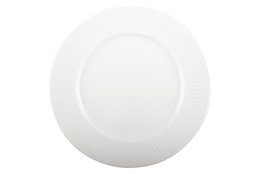 White round dessert plate with gold trim. Elegant and formal tableware suitable for desserts or small plates.