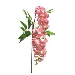 A tall, pink artificial wisteria plant with lush, cascading flowers and green leaves.