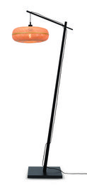 A tall, black floor lamp with an orange, oval-shaped glass shade. The lamp has a simple, modern design and appears to be suitable for use in a living room or bedroom setting.