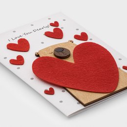  Handmade wooden love card with red hearts, romantic greeting card design, 3D textured hearts, gift for couples.