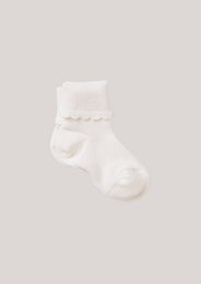 Creamy white wool ruffle socks for babies, available in sizes 14/15, 16/17, 18/19, 20/21, and 22/23.