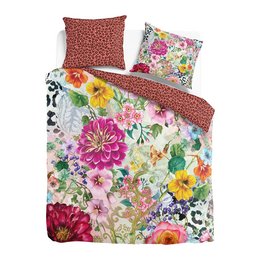 Floral duvet cover set with vibrant pink, yellow, and blue flowers. Includes a duvet cover and matching pillowcase(s) in a variety of sizes.