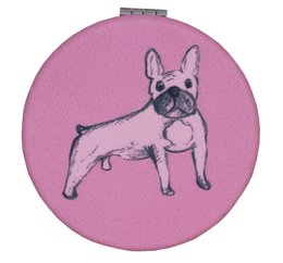 Compact two-sided mirror with a French bulldog design in pink and black. Suitable for makeup and personal grooming.