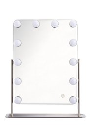 Lighted vanity mirror with 12 LED lights, adjustable brightness, and a sleek metal frame. Ideal for makeup application, grooming, and self-care.