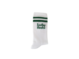 White socks with green and white stripes, labeled "Lucky Socks"