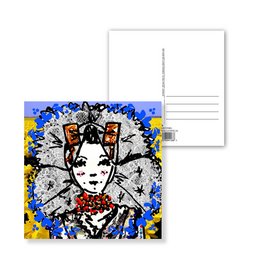 Postcard featuring a colorful illustration of a girl with a floral headdress against a background of blue and yellow splashes.