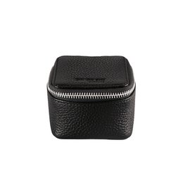 A small, square-shaped black jewelry box with a zipper closure. The box appears to be made of a textured, pebbled material, possibly leather or a leather-like material. The box has a simple, minimalist design and could be used to store rings, earrings, or other small jewelry items.
