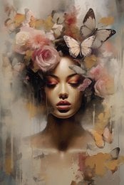 Woman's face with butterflies and roses, pink floral artistic portrait painting