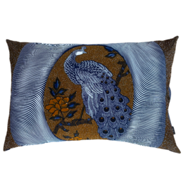 Peacock-patterned king-size cushion in blue and brown tones, featuring a decorative peacock design.