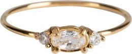 A gold wedding ring with a large oval-shaped diamond and smaller accent diamonds. The ring has a classic and elegant design.