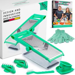 A vegetable slicer with a green and gray color scheme. The slicer has multiple blades and attachments for slicing, shredding, and julienning vegetables. The product appears to be designed for easy and efficient food preparation.