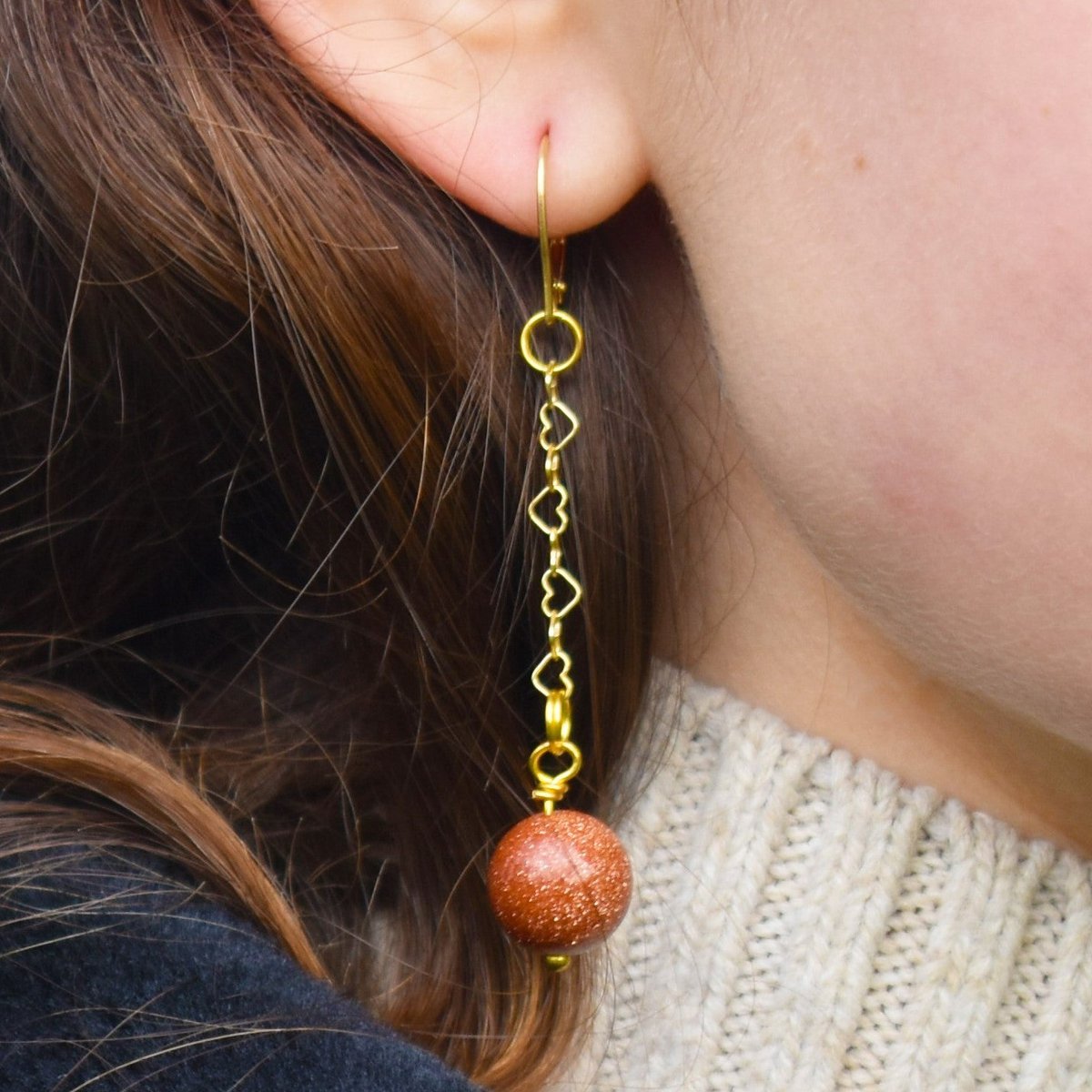 Brown Goldstone and Yellow Gold Vermeil Earrings, Heart Chain Earrings, Bloom Collection | by nlanlaVictory