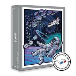 A 500-piece space-themed jigsaw puzzle featuring an astronaut floating in a cosmic landscape with colorful planets and stars.