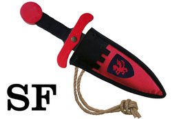  A red and black wooden toy dagger with a dragon pouch, suitable for children's play.