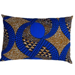 Large, rectangular cushion with a bold, geometric pattern in shades of blue and gold. The cushion has a soft, gray background that complements the vibrant pattern.