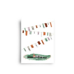 Colorful postcard with the text "today is your day" and a whimsical illustration of clothesline with various clothing items hanging on it.