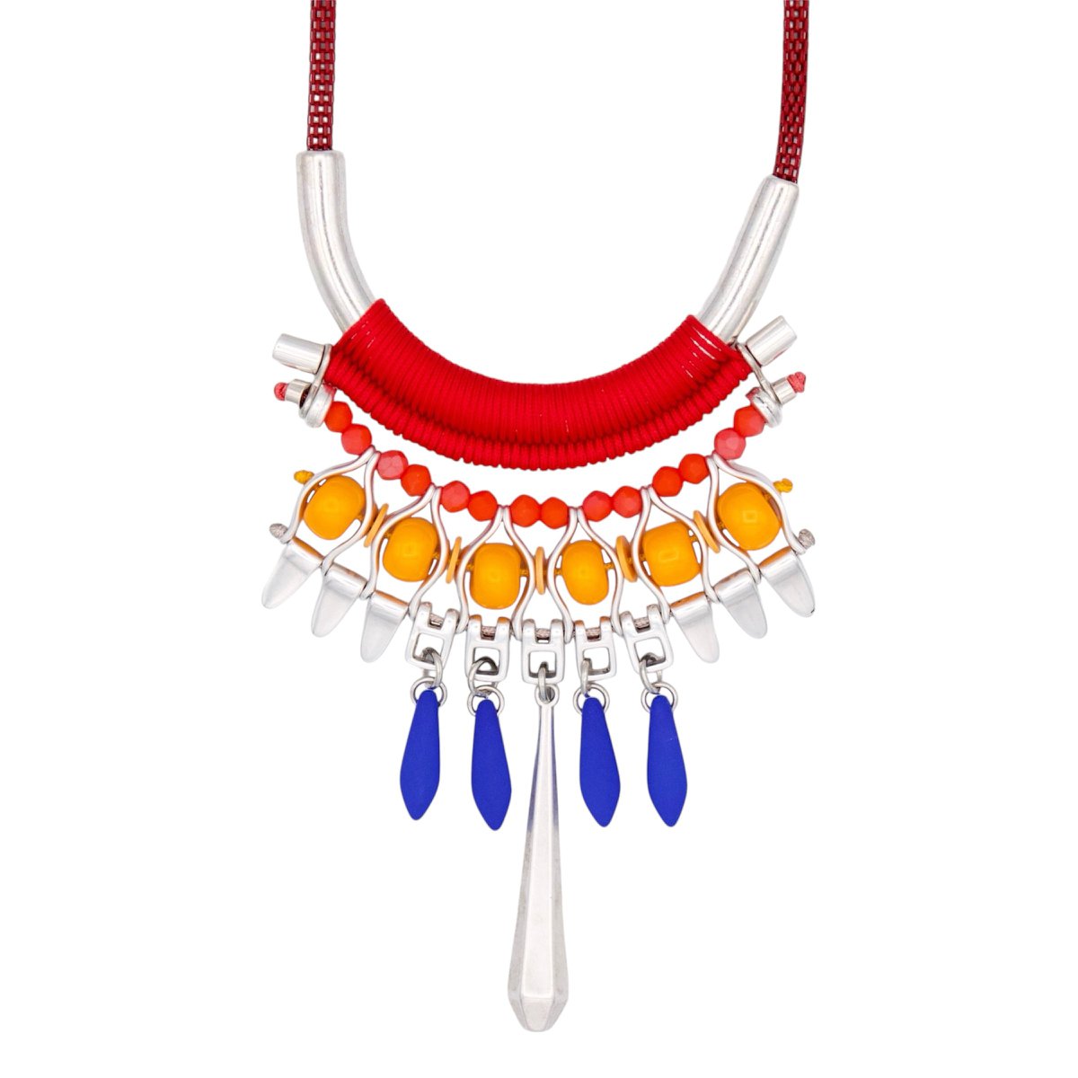 MEXICO red and blue statement necklace with colorful beads and pendants