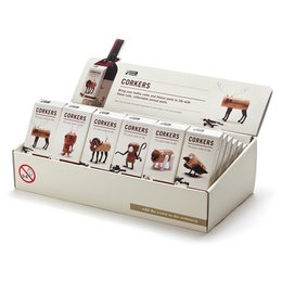  Assorted wine cork animal figurines in a display box. The figurines include various animals such as rabbits, deer, and other woodland creatures, made from natural wine corks.