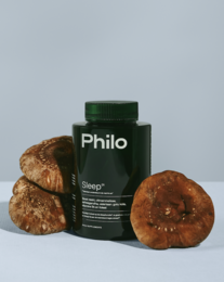 Philo Sleep supplement, a natural sleep aid made with organic ingredients including reishi mushroom and valerian root.