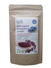 Organic haskap powder, a nutrient-rich superfood with a deep purple color and a sweet, tart flavor. Ideal for smoothies, baking, and adding to yogurt or oatmeal.