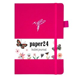 A5 size dot grid notebook with a pink cover featuring a hummingbird and butterfly design. The notebook is part of the Paper24 Bullet Journal collection.