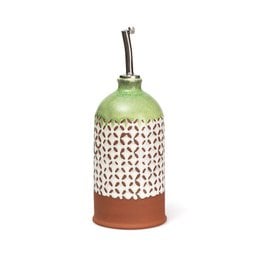 Oil and vinegar dispenser bottle, ceramic with geometric pattern, green and blue variants, terracotta base, pourer spout.