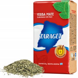 Yerba mate tea, available in 250g, 500g, 1000g, 10x250g, 10x500g, and 10x1000g packages. The tea leaves have a natural green color and are packaged in a red and blue box with the Taragui brand name.
