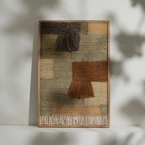 Handgemaakte veelkleurige katoen- en hennepmuurkunst met houten frame