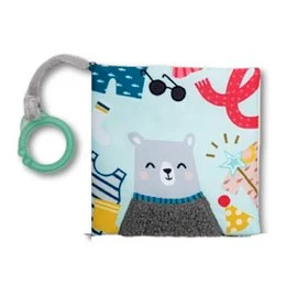 A soft, colorful cloth book with a cute bear character and various accessories like sunglasses, a scarf, and flowers. The book appears to be an educational or interactive toy for young children.