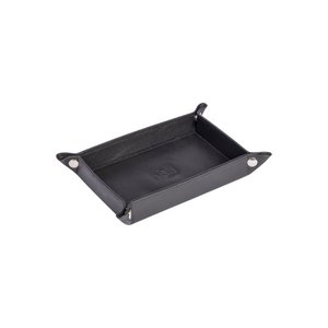 K0052AB | Rectangular pocket tray in genuine full-grain leather, with light grain. Black colour. Closure with snap buttons in shiny silver finish. Dimensions (when closed): 17 x 11 x 3 cm