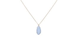 Gold long necklace with light sapphire blue stone pendant